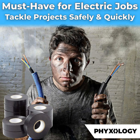 Black electrical tape rolls, 3/4 in x 60 ft, 10-pack; PHYXLOGY logo visible