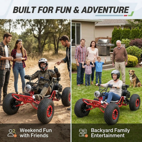 Adults and children enjoying 212cc Gas Powered Off Road Go Kart With CVT Drive And 420 Chain in backyard and forest settings
