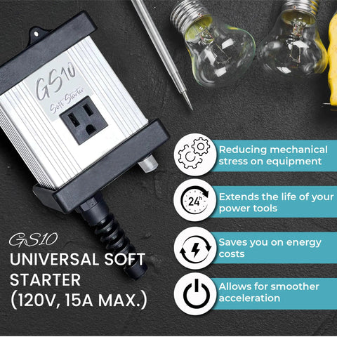 GS10 Soft Starter For Power Tools Universal Inrush Guard with four user presets, plug and play, heavy duty for 120V 15A max