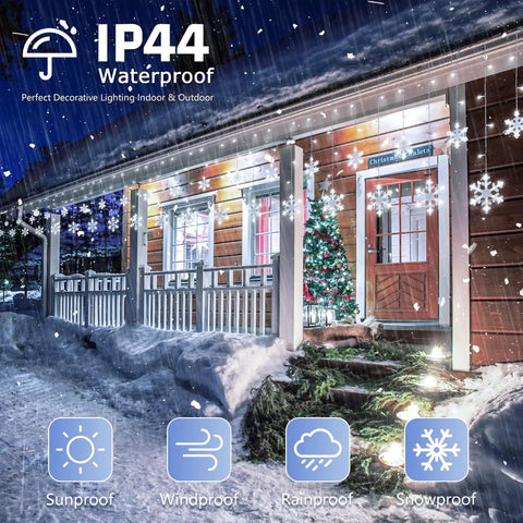 Snowflake Icicle Christmas Lights For Outdoor Decor, 6.5Ft 144LED Curtain String With 12 Drops, 8 Modes on house facade