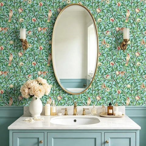 Hassle Free Peel And Stick Wallpaper Featuring Vintage Botanical Bird Graphics And Teal Green Pomegranate Vibes For Smooth Cabinet Wraps And Prepasted Removable Vinyl Rolls on bathroom wall with oval mirror.
