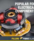 Close-up of an electrical component with red wire coils, marketed for use with Milled Fiberglass Filler for Gel Coat and Auto Surface Repair.