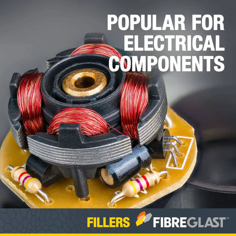 Close-up of an electrical component with red wire coils, marketed for use with Milled Fiberglass Filler for Gel Coat and Auto Surface Repair.