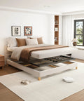 Heavy Duty Queen Size Box Spring With Low Profile Metal Frame And Thickened Steel Support Pillars For Wobble Free Mattress Foundation in a modern bedroom setting.