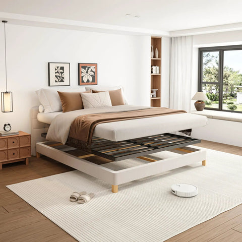 Heavy Duty Queen Size Box Spring With Low Profile Metal Frame And Thickened Steel Support Pillars For Wobble Free Mattress Foundation in a modern bedroom setting.