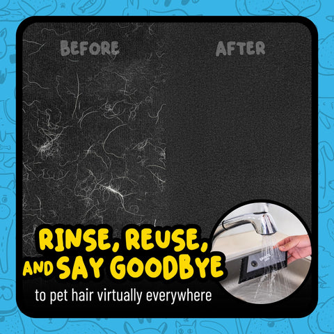 Comparison image of Grubbie Edge Pet Hair Removal Tool For Car Interiors And Home Use Reusable Lint Remover Before and After Cleaning