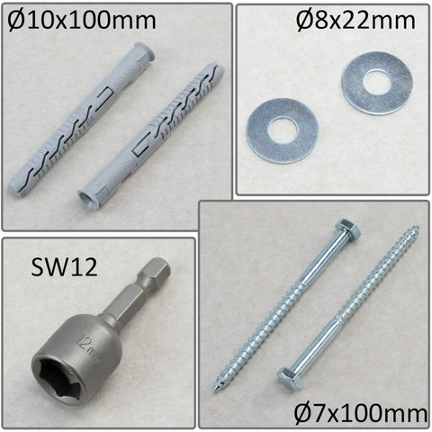 Heavy Duty Nylon Countersunk Flange Dowels 10mm x 100mm, 12 Screws 7mm x 100mm, Large Washers for M8 Bolts, and a One Quarter Inch Hex Socket Bit, 12 Piece Fastener Set for DIY, Wood, and Metal Projects. Nylon dowels, washers, hex bit, and screws shown.