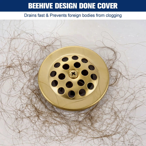 Hassle Free Tub Drain Linkage Assembly With Trip Lever And Gold Cover Adjustable Fit For Bathtub Overflow Repair. Gold drain cover with hair.
