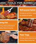 Infographic showing BBQ tools including spatula, carving fork, and tongs from 24 Piece BBQ Tool Set With Meat Thermometer And Injector In Extra Thick Stainless Steel Includes Spatula Fork Tongs Cleaning Brush Skewers And Aluminum Case The Ultimate Grill Gear For Men And Outdoor Cooking.