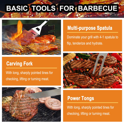 Infographic showing BBQ tools including spatula, carving fork, and tongs from 24 Piece BBQ Tool Set With Meat Thermometer And Injector In Extra Thick Stainless Steel Includes Spatula Fork Tongs Cleaning Brush Skewers And Aluminum Case The Ultimate Grill Gear For Men And Outdoor Cooking.