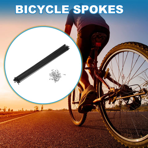 Beefy Mountain Bike Spokes 14G 295mm Steel Black 36Pcs Replacement Set For Rims Hubs shown on road with cyclist background