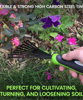 Ergonomic Hand Rake And Soil Tiller Tool With Carbon Steel Tines Rust Resistant in use raking flower bed