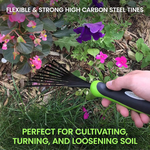 Ergonomic Hand Rake And Soil Tiller Tool With Carbon Steel Tines Rust Resistant in use raking flower bed