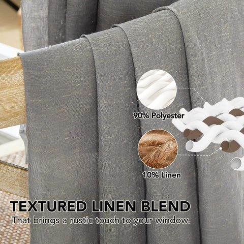 Close-up of Linen-Feel Sheer Curtains 2 Panels With Grommet Top, Light Filtering Semi-Transparent Drapes, Dark Grey, 52x84 Inches