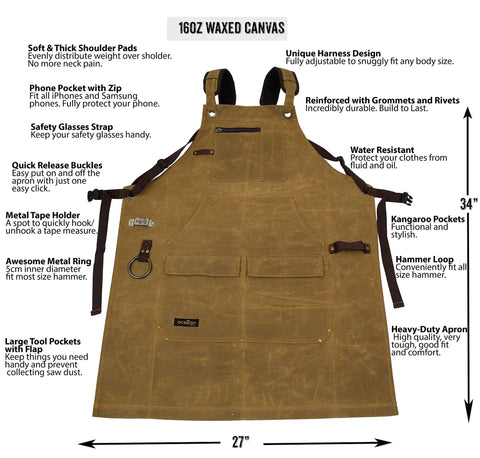 Kickass Heavy Duty Waxed Canvas Woodworking Apron For Men Featuring Boss Level Pocket Layout showcasing tool pockets and adjustable straps.