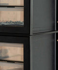Close-up of Small Parts Storage Cabinet With 44 Drawer Organizer For Screws Nuts Bolts Electronics Hardware Beads Crafts And More, Built Tough Made In USA Stackable Black Boss Grade showing stacked units with clear drawers.