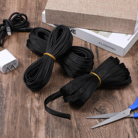 Three Piece Braided Cable Sleeving Kit Black Flame Retardant Nylon Wire Looms 1/4 Inch 3/8 Inch 1/2 Inch Expandable Cable Organizer