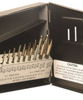 19 Piece Spiral Point Tap Set In High Speed Steel With Gold Oxide Finish Assorted Unified Sizes inside its protective case showing detailed sizes.