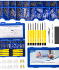 Travel Ready All In One Magnetic Eyeglasses Repair Kit with screws, nose pads, tweezers, and precision screwdrivers in blue case