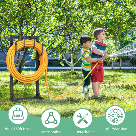 Rugged Heavy Duty Garden Hose Holder Reel With Four Large Hooks in use, kids watering lawn, holds up to 150 ft of hose, outdoors