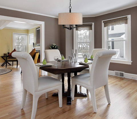 Dining room with Rutherford 3 Light Pendant In Oil Rubbed Bronze With Chandelier Vibe Modern Drum Pendant, ceiling view.