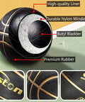 Outdoor And Indoor Rubber Basketball With Pump Official Size 7 29.5 Inch Ball High Grip Durable And Wear Resistant For Dunking Passing And Rebounding Game Ready Backyard Hoops Black And Gold close-up with material labels