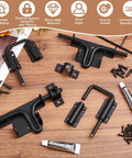 INTERWARM 4Pcs Slide Bolt Gate Latch for Wooden Fence, black metal latches, screws and sealant tube on a wooden surface.