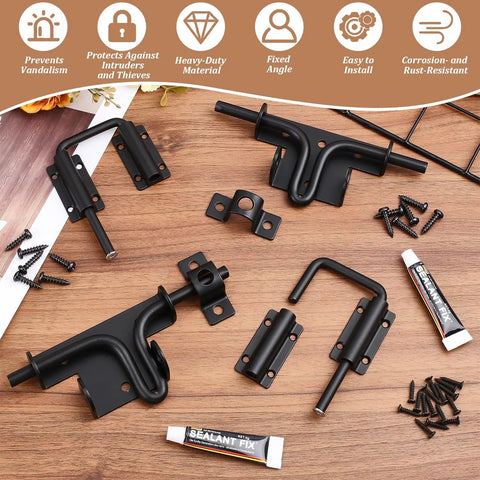 INTERWARM 4Pcs Slide Bolt Gate Latch for Wooden Fence, black metal latches, screws and sealant tube on a wooden surface.