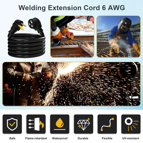 Heavy Duty Welding Extension Cord 6 AWG 50 Amp 25 Foot Cable Loaded With NEMA 6-50P To 6-50R Plugs on a work site.