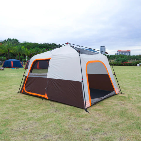 Large Family Tent For 6-8 People With Instant Setup In 60 Seconds, Spacious Two Rooms, Brown, set up on grass