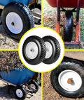Pair of 8-inch solid wheelbarrow tires with white rims; universal fit for hand trucks and wagons.