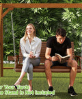 Two Seater Front Porch Swing With Cupholders Wooden Outdoor Swing Bench For Patio And Backyard Upgraded 22 Inch Deep Seat Heavy Duty 880 Lb Chains Teak Tone Finish Ergonomic Backrest For Ultimate Kickback Outdoor Vibes