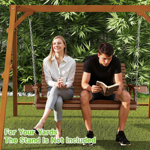 Two Seater Front Porch Swing With Cupholders Wooden Outdoor Swing Bench For Patio And Backyard Upgraded 22 Inch Deep Seat Heavy Duty 880 Lb Chains Teak Tone Finish Ergonomic Backrest For Ultimate Kickback Outdoor Vibes
