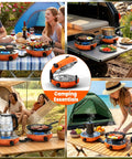 Powerful 20,000 BTU Dual Burner Propane Camping Stove in use at campsite with people dining, showing foldable and portable design.