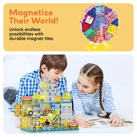 Magnetic Tile Idea Book With 300 Builds, 230 Page Illustrated Guide For Kids Ages 3 And Up, Includes Magnet Race Tracks And Marble Runs To Boost Creative Stem Play And Colorful Tile Creations on children playing