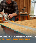 BORA NGX 100-Inch clamp-edge saw guide track (aluminum) with circular saw on a workbench.