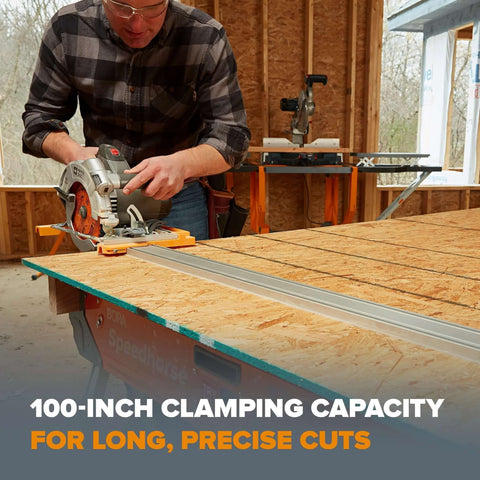 BORA NGX 100-Inch clamp-edge saw guide track (aluminum) with circular saw on a workbench.