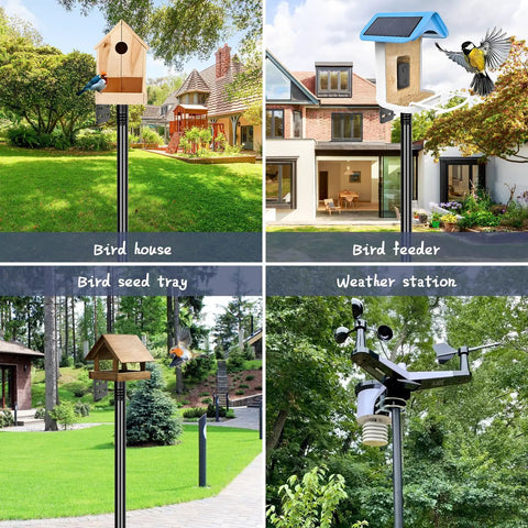 Beefy 1 Inch Diameter Bird Feeder Pole Stand 79 Inch Tall Outdoor Mounting Kit Heavy Duty Black Metal Pole with birdhouses and weather station in garden setting.