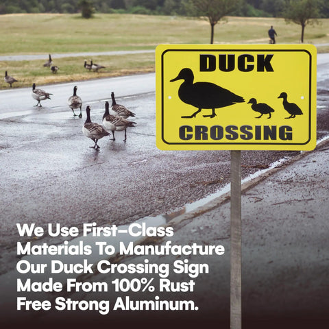 Duck Crossing sign on aluminum post near a road with reflective yellow and black design, ducks crossing in the background.