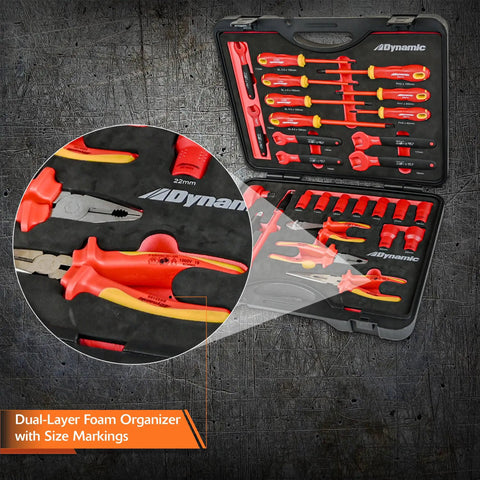 Job Site Beast 28 Piece 1000V Insulated Tool Set VDE Certified with organized pliers and wrenches in a dual-layer storage case.