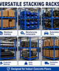 Built Like A Tank Portable Stack Racks 4000 Lb Capacity Each 8 Pack Set in warehouse storing automotive parts and bulk items.