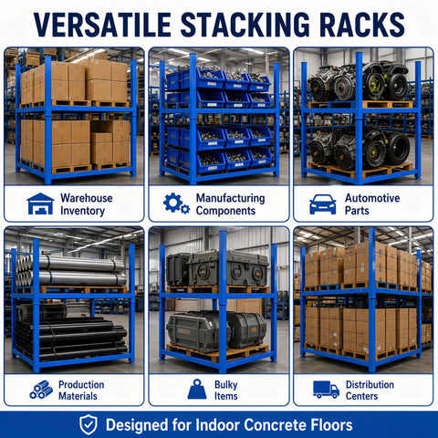 Built Like A Tank Portable Stack Racks 4000 Lb Capacity Each 8 Pack Set in warehouse storing automotive parts and bulk items.