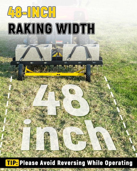 Tow Behind Lawn Dethatcher With 24 Spring Steel Tines And Heavy Duty Carbon Steel Frame, 48 Inch Wide, on a lawn