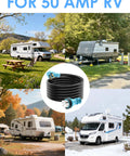 Heavy Duty 50 Amp Rv Generator Cord 100 Ft Power Extension Cable With 14 To 50 Twist Lock Angled Plug in RV campsite scenes