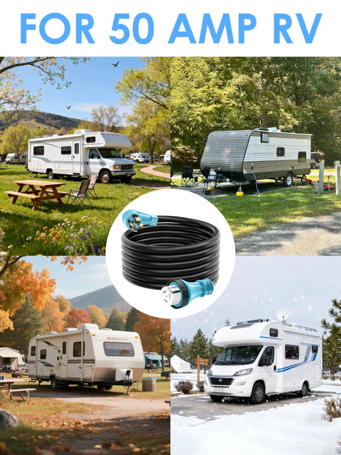 Heavy Duty 50 Amp Rv Generator Cord 100 Ft Power Extension Cable With 14 To 50 Twist Lock Angled Plug in RV campsite scenes