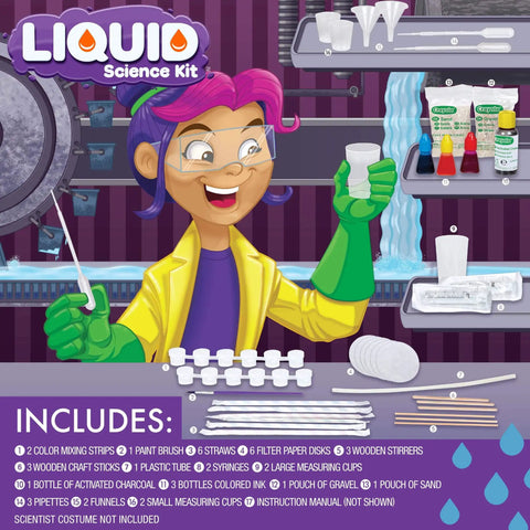 Illustration of kid with lab coat using Awesome Liquid Science Kit For Kids With 15 At Home Water Experiments Set