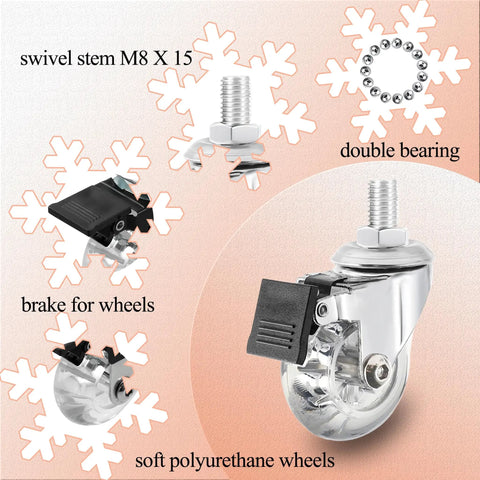 Premium 2 Inch Polyurethane Gel Caster Wheels With M8x15mm Threaded Stem And Secure Locking Brake, showcasing swivel stem and brake.