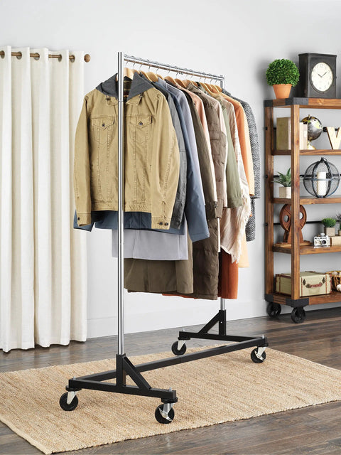 Rock Solid Commercial Garment Rack Features Z Shaped Steel Frame Hauls Three Hundred Pounds Holds Seventy Five Outfits Uses Locking Wheels For Badass Daily Home Or Shop Organization Brings Hella Convenience To Your Space