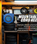 Heavy Duty Extension Cord Reel With 12AWG 40 Ft SJTOW Cable And LED Light Up Tap mounted in a workshop setting