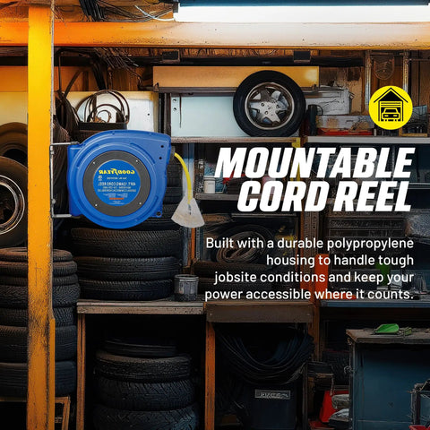 Heavy Duty Extension Cord Reel With 12AWG 40 Ft SJTOW Cable And LED Light Up Tap mounted in a workshop setting